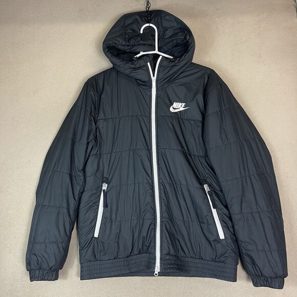 Nike Jacket Mens M Black Synthetic Fill Hooded Full Zip Softshell Lined Quilted - Picture 1 of 12